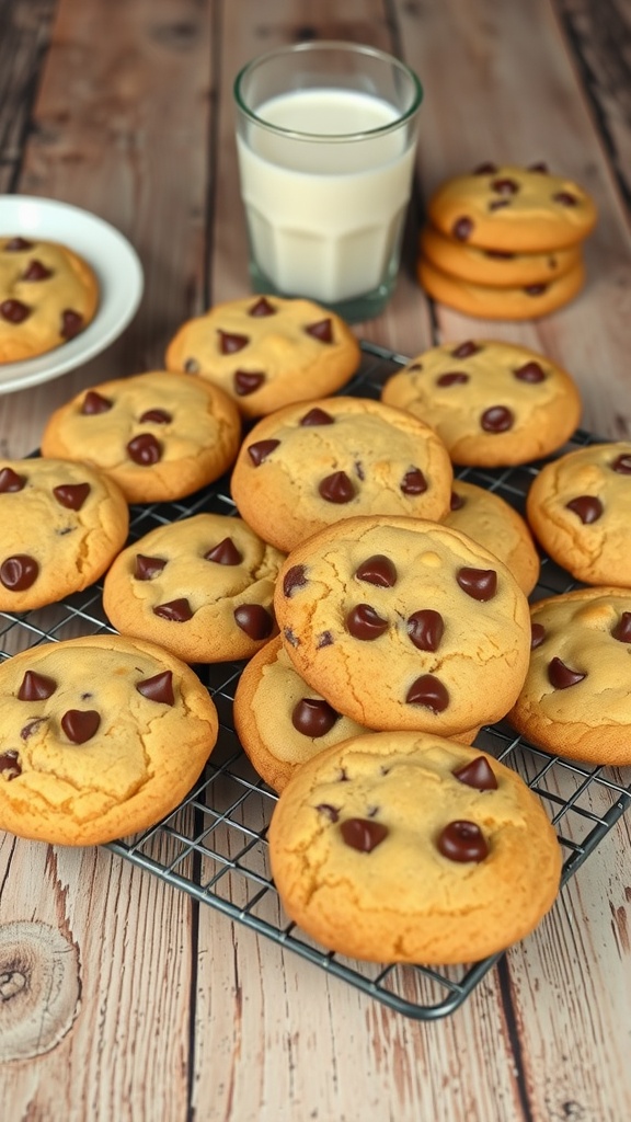 A plate of warm chocolate chip cookies with melting chocolate chips, accompanied by a glass of milk.